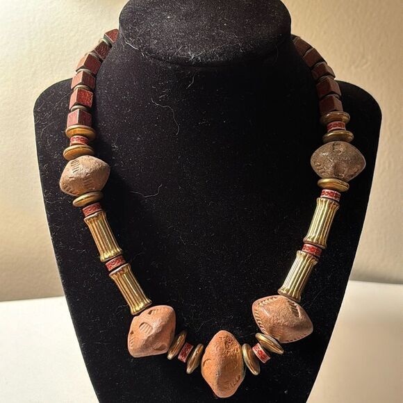 Earth Tone Wooden, Clay and Mixed Media Beaded Statement Necklace 18.5” - Picture 1 of 5